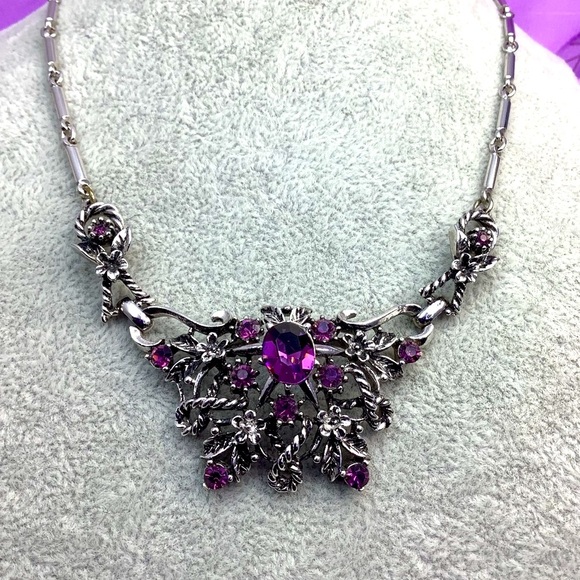 Vintage Coro Signed Amethyst Rhinestones Silver Necklace - Picture 1 of 5